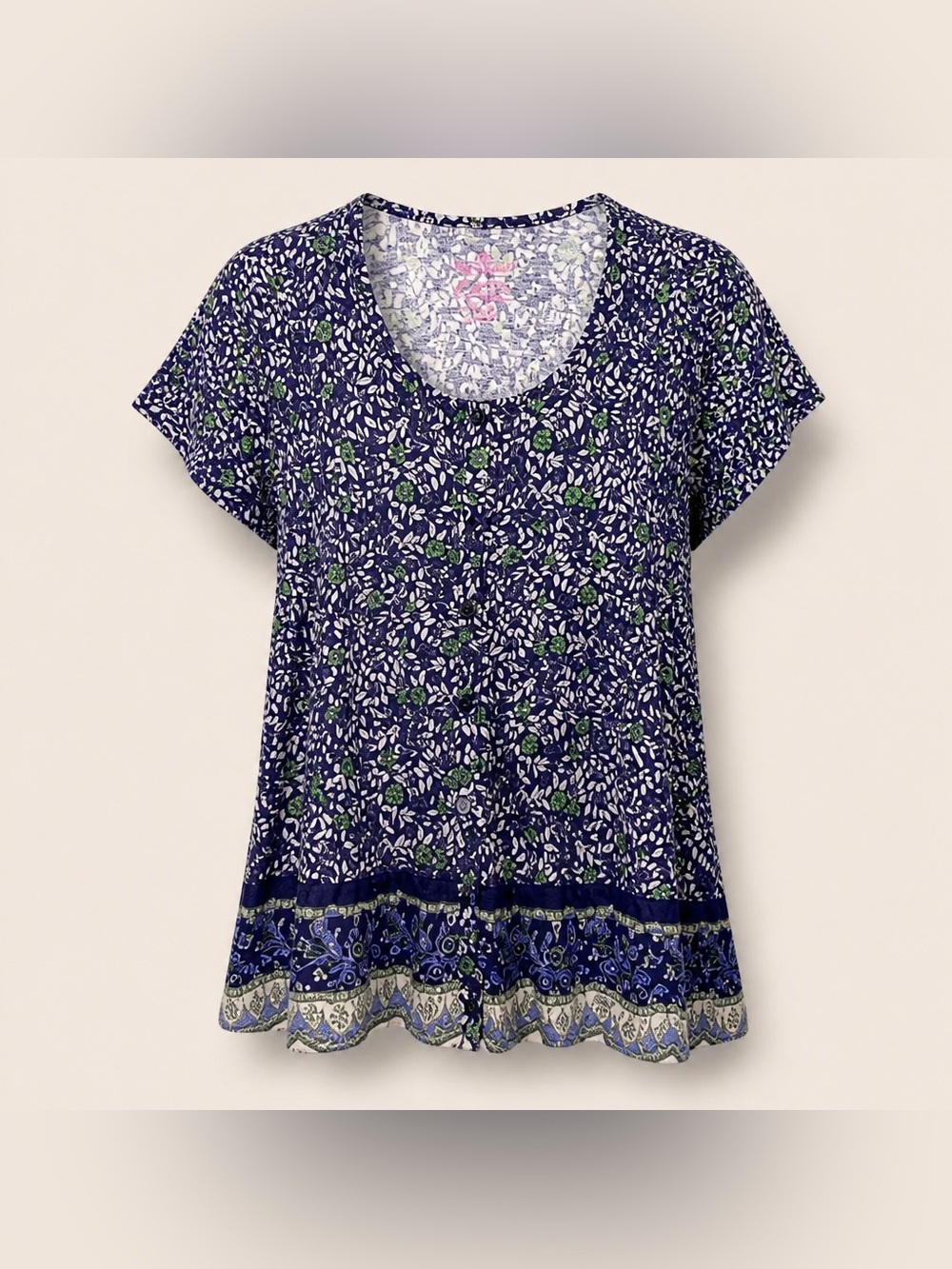 Woman Within 1X Floral Button Down Capped sleeveTunic Cotton Polyester Blend
